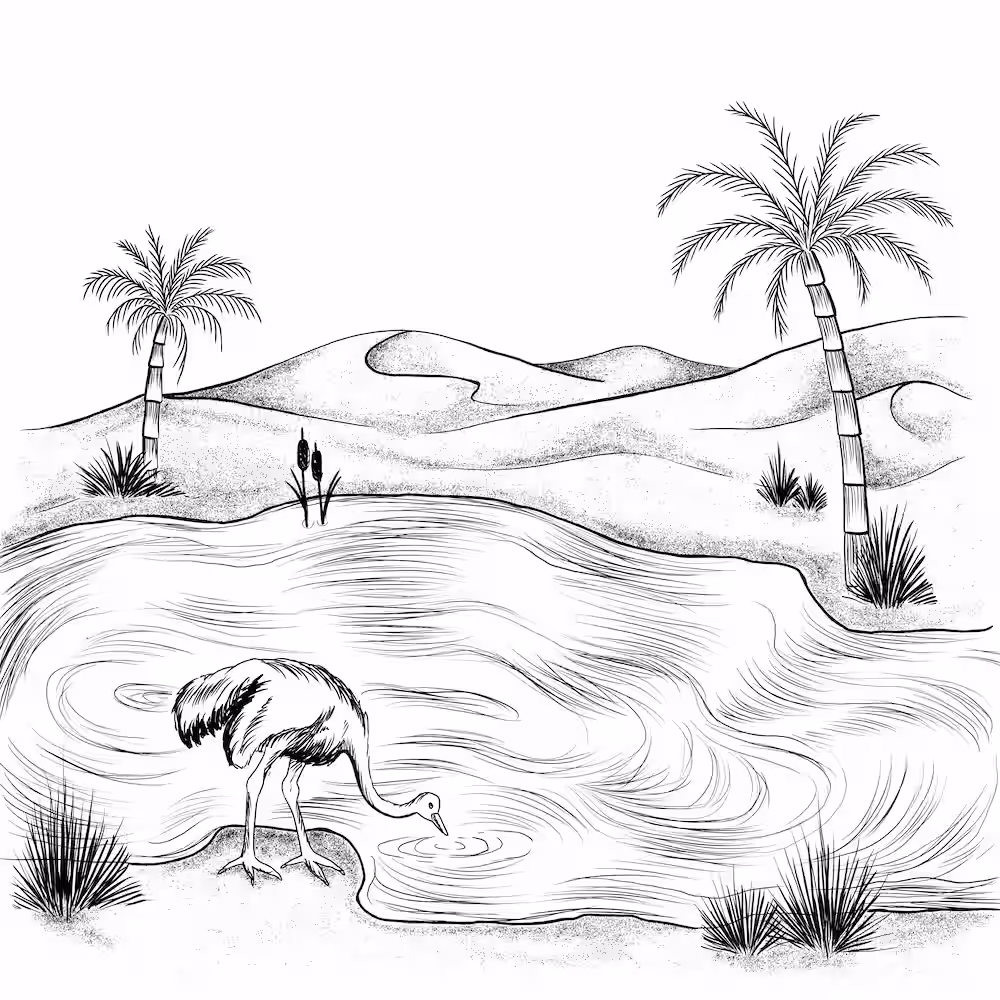 Desert oasis with palm trees and animals