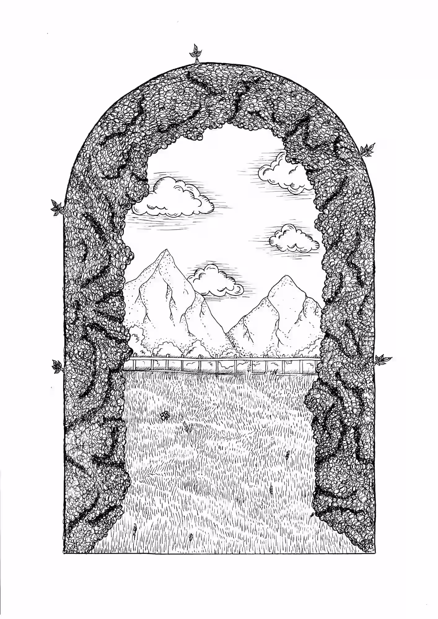 Fantasy landscape through a stone archway