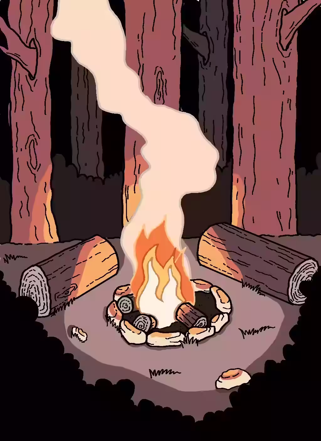 Campfire surrounded by logs in a forest