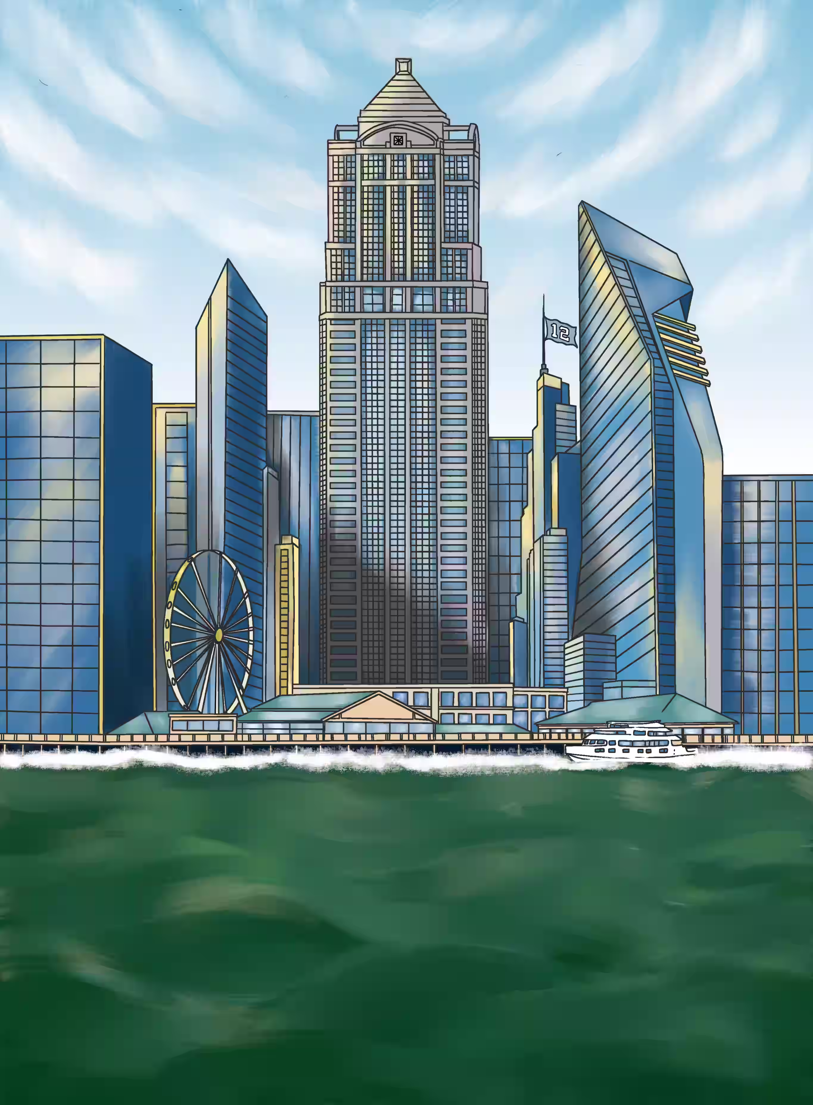 Modern city skyline by the waterfront