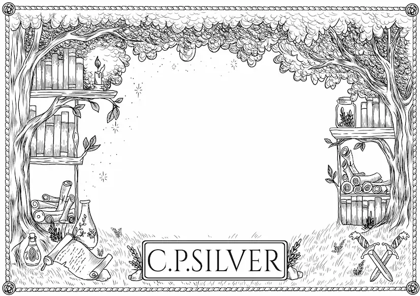 Author bookplate illustration of library in the woods