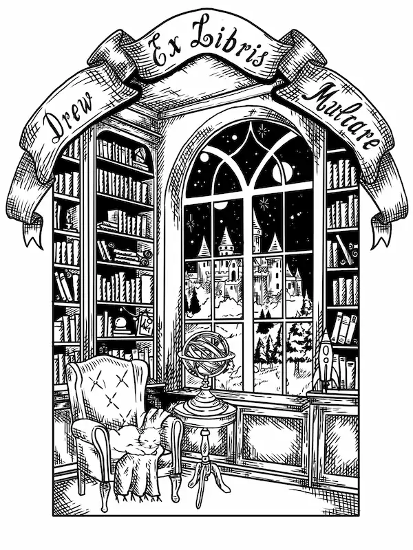 Cozy library scene bookplate illustration with a cat