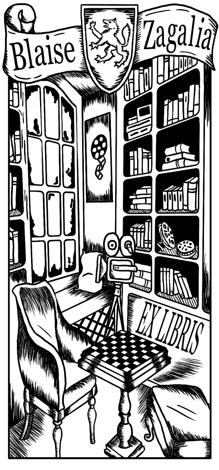 Library scene bookplate illustration with a chess table and two armchairs surrounded by books