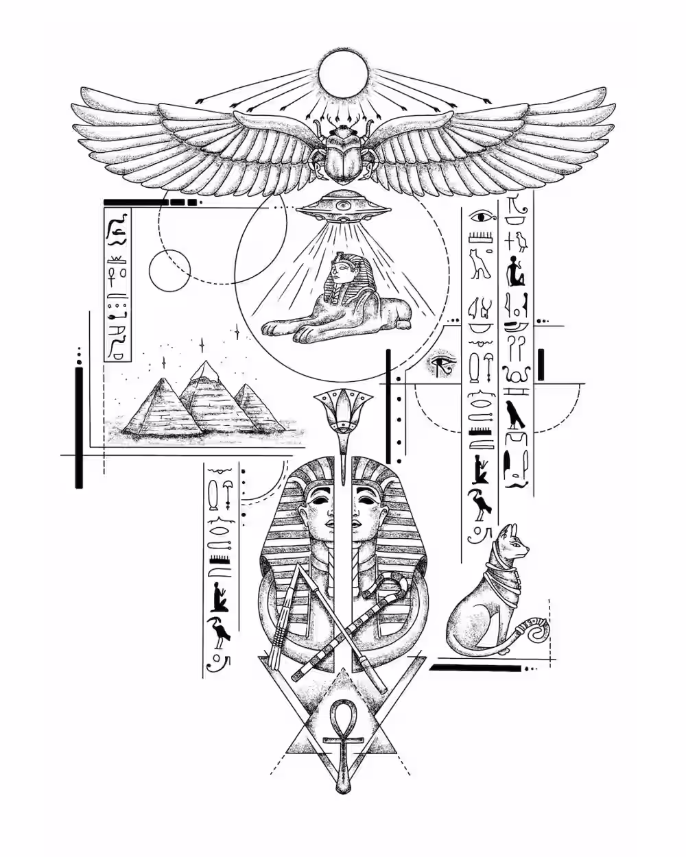 Egyptian symbols with a winged scarab