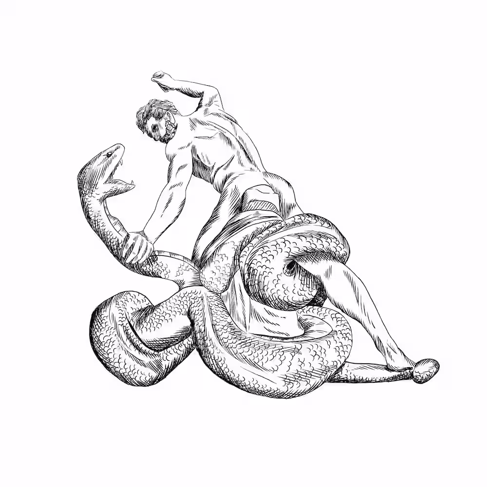 Hercules wrestling a giant serpent